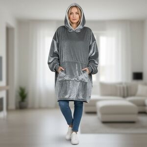 Velour Plush Hoodie Plus Size 2X Shiny Silver Kangaroo Pocket Faux Sherpa Lined